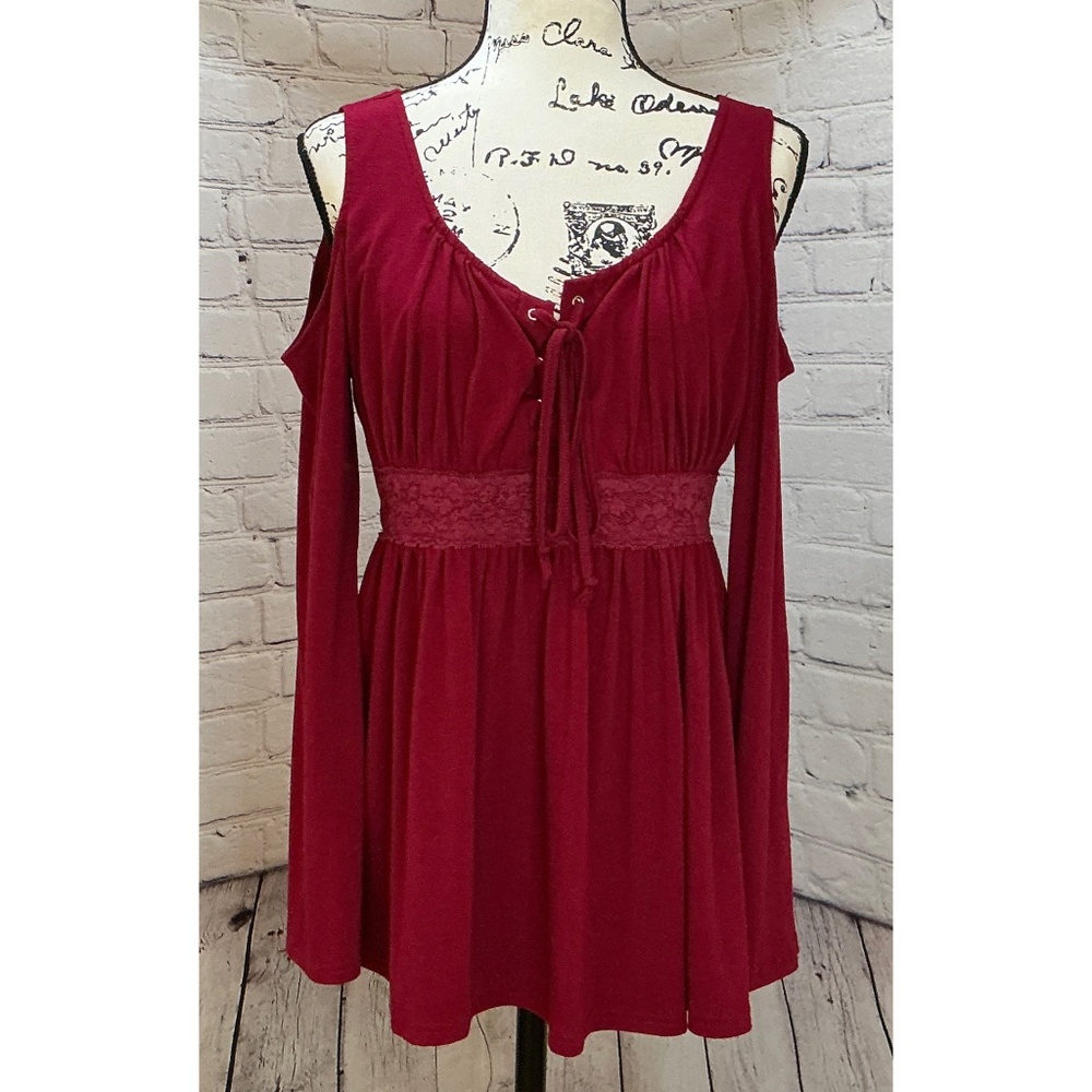 MoonColour Women’s Burgundy Lace-Up Front Cold Shoulder Blouse (Size XL)
